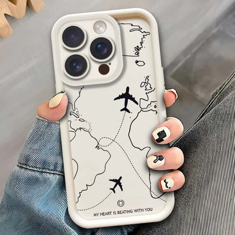 iPhone 14 Pro Max  - Offwhite - Airplane Route Design - ONation Step Up Series - HQ Liquid Silicone Soft Case