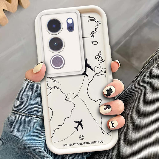 Vivo V29 Pro  - Offwhite - Airplane Route Design - ONation Step Up Series - HQ Liquid Silicone Soft Case
