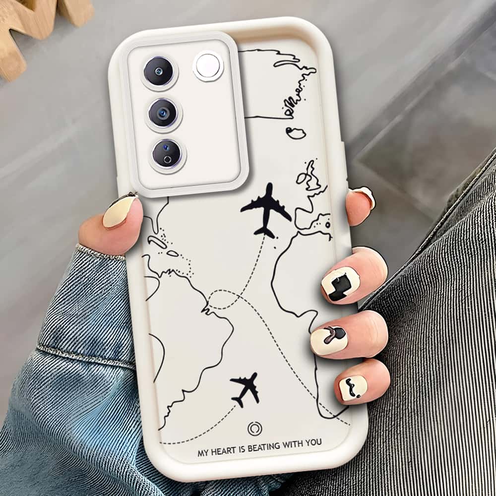 Vivo V27e  - Offwhite - Airplane Route Design - ONation Step Up Series - HQ Liquid Silicone Soft Case