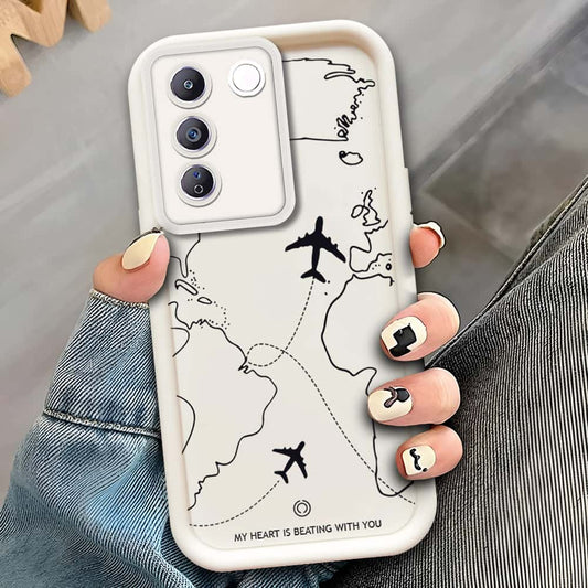 Vivo V27e  - Offwhite - Airplane Route Design - ONation Step Up Series - HQ Liquid Silicone Soft Case