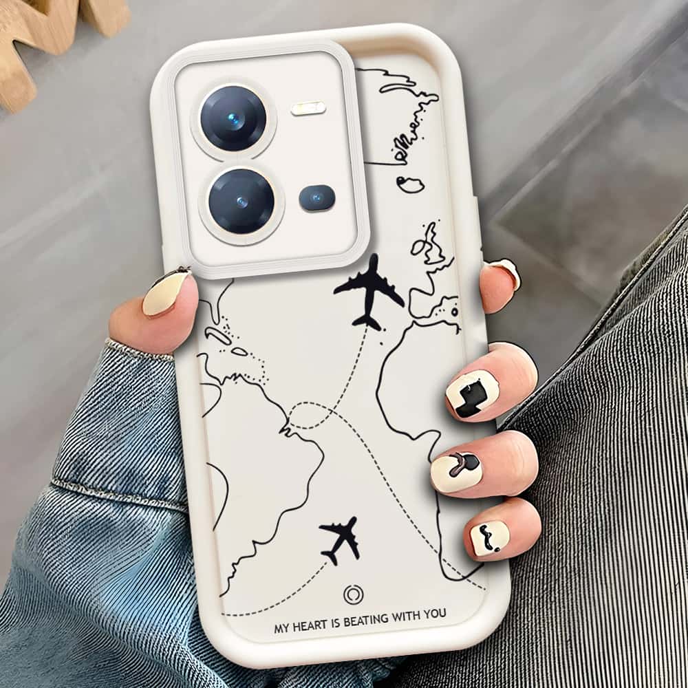 Vivo V25 5G  - Offwhite - Airplane Route Design - ONation Step Up Series - HQ Liquid Silicone Soft Case (Fast Delivery)(W)