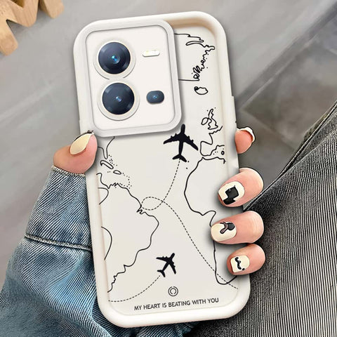 Vivo V25 5G  - Offwhite - Airplane Route Design - ONation Step Up Series - HQ Liquid Silicone Soft Case (Fast Delivery)(W)