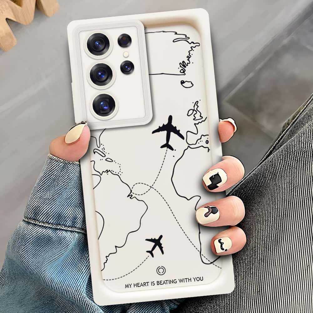 Samsung Galaxy S24 Ultra   - Offwhite - Airplane Route Design - ONation Step Up Series - HQ Liquid Silicone Soft Case