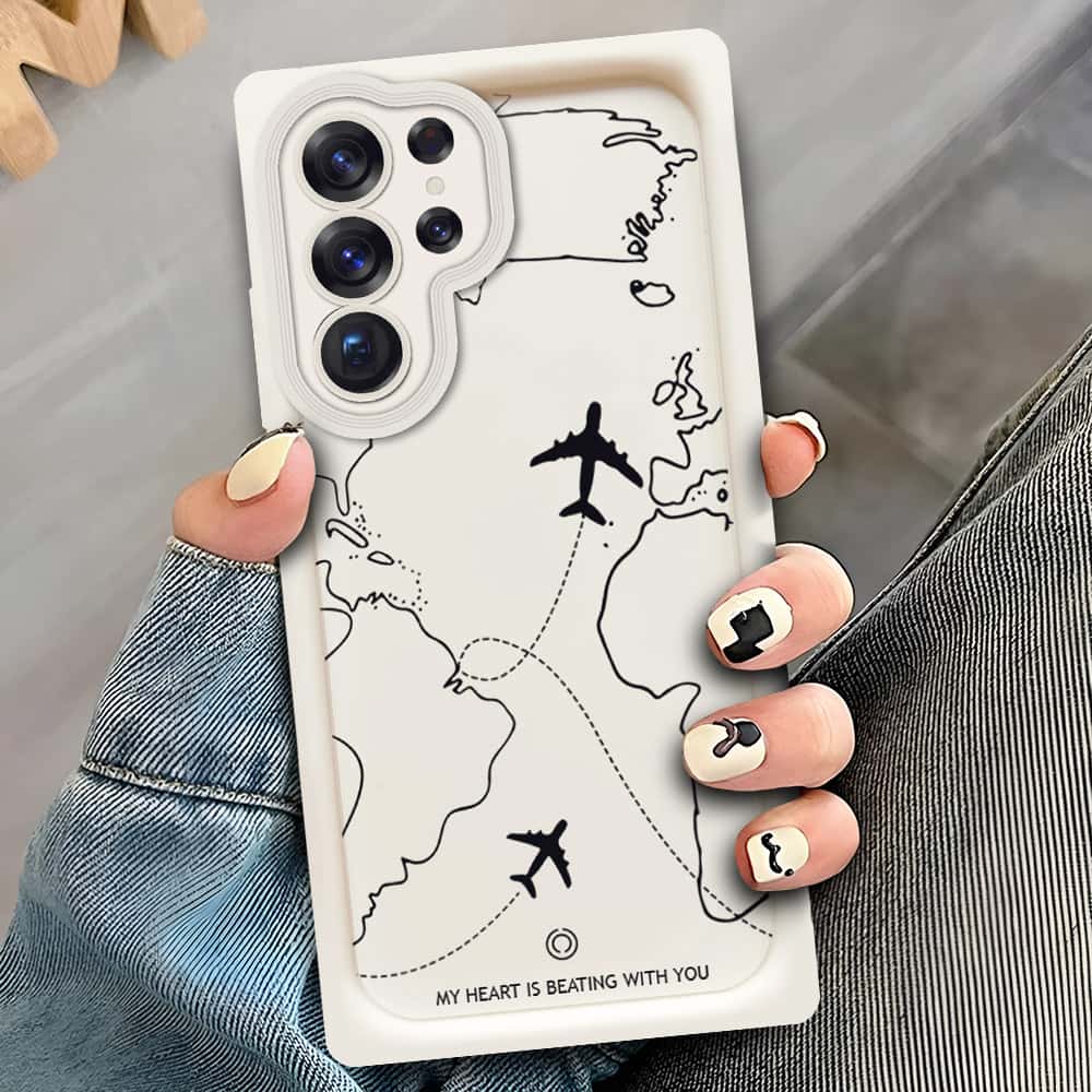 Samsung Galaxy S23 Ultra 5G   - Offwhite - Airplane Route Design - ONation Step Up Series - HQ Liquid Silicone Soft Case