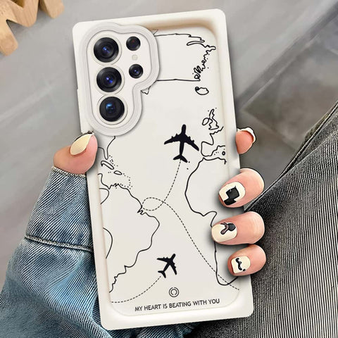 Samsung Galaxy S23 Ultra 5G   - Offwhite - Airplane Route Design - ONation Step Up Series - HQ Liquid Silicone Soft Case