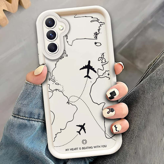 Samsung Galaxy A34 5G  - Offwhite - Airplane Route Design - ONation Step Up Series - HQ Liquid Silicone Soft Case