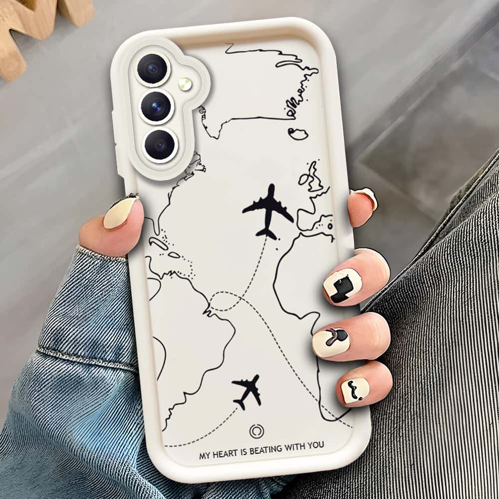 Samsung Galaxy A15 5G  - Offwhite - Airplane Route Design - ONation Step Up Series - HQ Liquid Silicone Soft Case