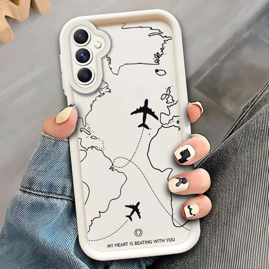 Samsung Galaxy A14 5G  - Offwhite - Airplane Route Design - ONation Step Up Series - HQ Liquid Silicone Soft Case