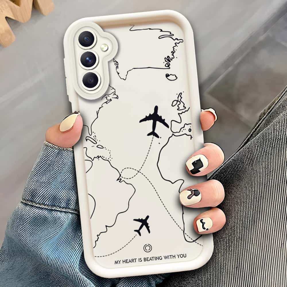 Samsung Galaxy A14  - Offwhite - Airplane Route Design - ONation Step Up Series - HQ Liquid Silicone Soft Case