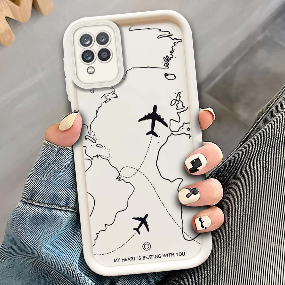 Samsung Galaxy A12 Nacho  - Offwhite - Airplane Route Design - ONation Step Up Series - HQ Liquid Silicone Soft Case