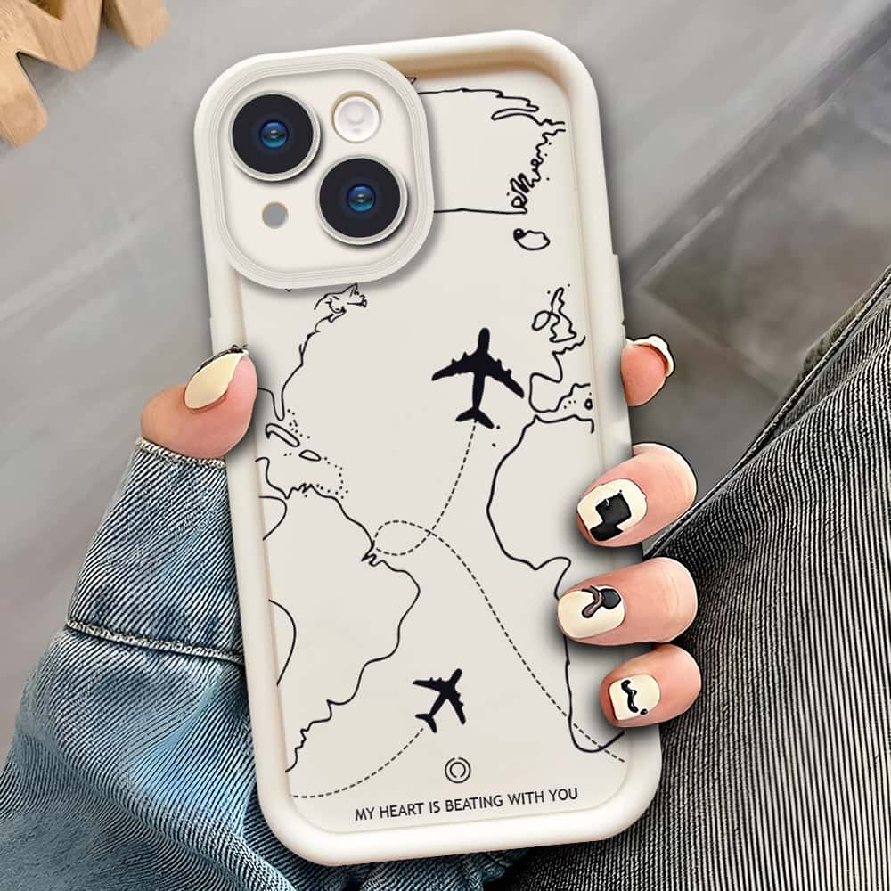 iPhone 15 Plus  - Offwhite - Airplane Route Design - ONation Step Up Series - HQ Liquid Silicone Soft Case