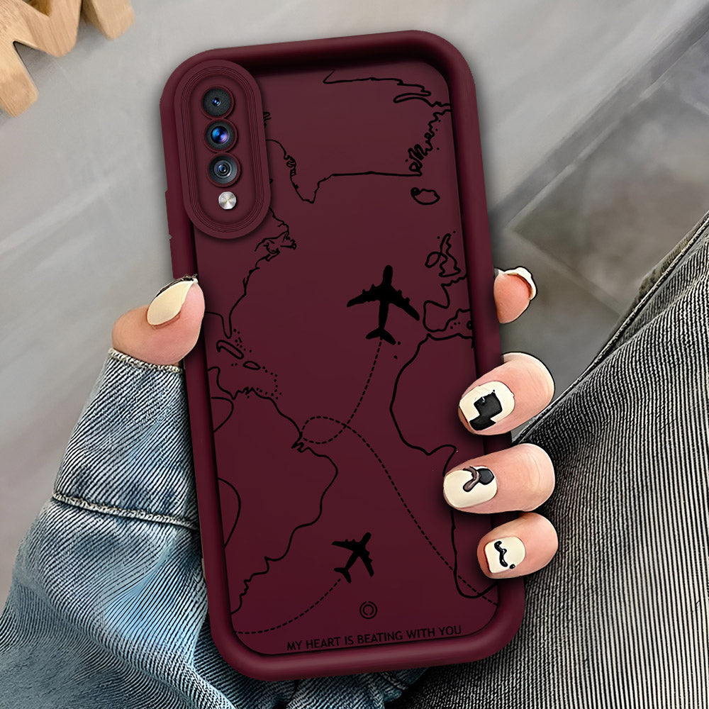 Samsung Galaxy A70s - Maroon - Airplane Route Design - ONation Step Up Series - HQ Liquid Silicone Soft Case