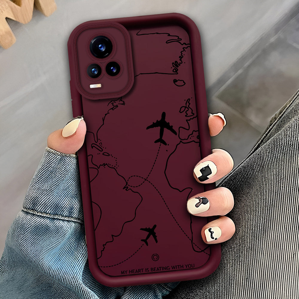 Vivo V21e - Maroon - Airplane Route Design - ONation Step Up Series - HQ Liquid Silicone Soft Case