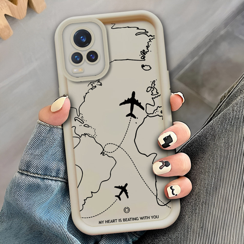 Vivo V21e - Offwhite - Airplane Route Design - ONation Step Up Series - HQ Liquid Silicone Soft Case