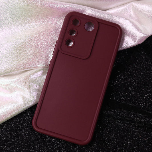 Vivo V27e Cover - Maroon - Soft Silicone Case With Round Bumper Matte TPU Shockproof Cover