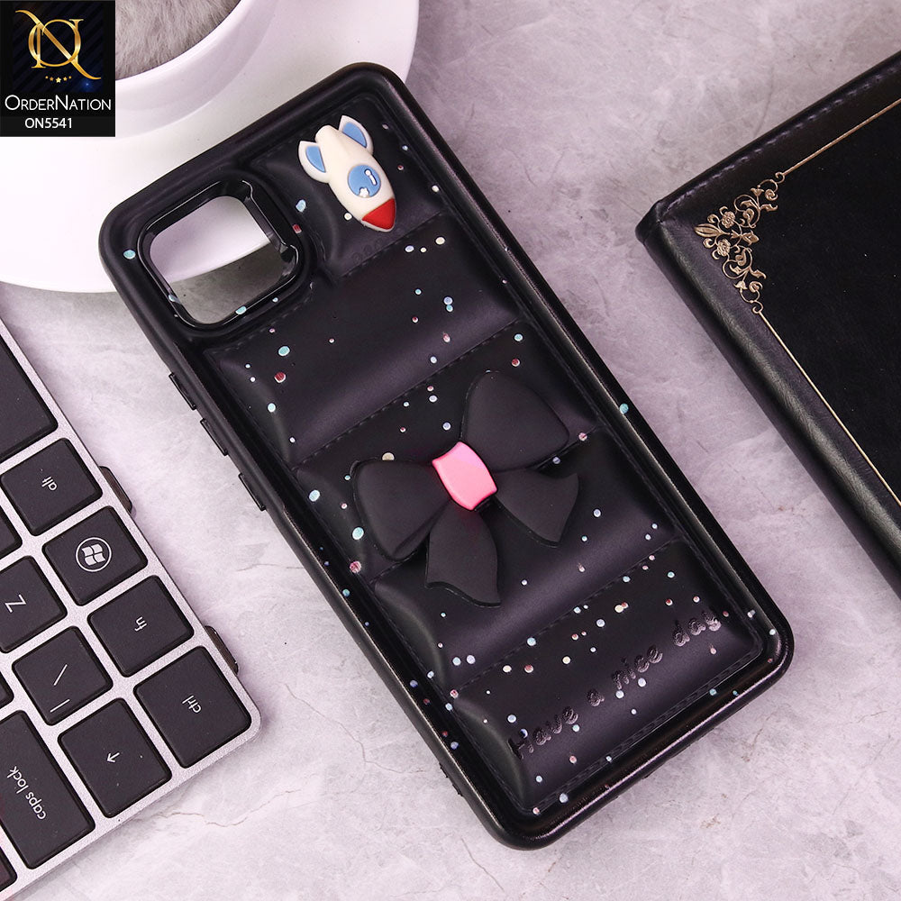 Oppo A16e Cover - Black -  New 3D Bow Soft Puffer Case With Metal Camera Ring