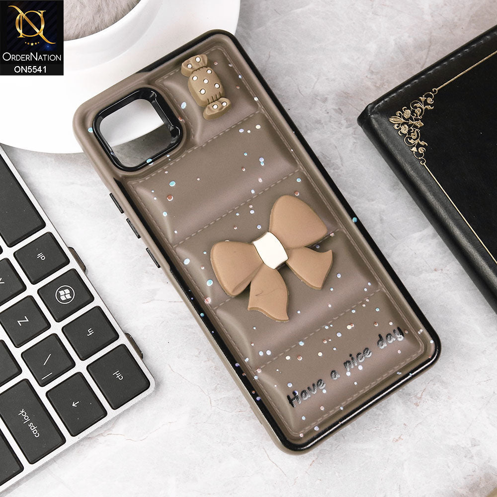 Oppo A16e Cover - Brown -  New 3D Bow Soft Puffer Case With Metal Camera Ring