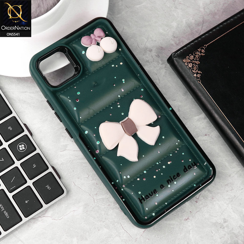 Oppo A16e Cover - Green -  New 3D Bow Soft Puffer Case With Metal Camera Ring
