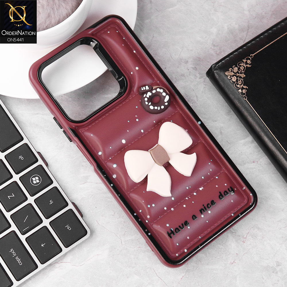 Tecno Camon 20 Pro Cover - Maroon -  New 3D Bow Soft Puffer Case With Metal Camera Ring