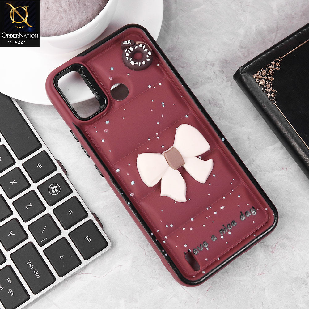 Infinix Hot 10 Cover - Maroon -  New 3D Bow Soft Puffer Case With Metal Camera Ring