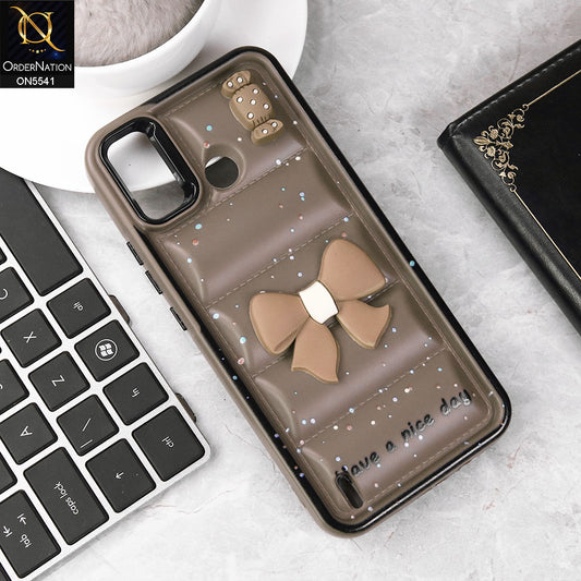 Infinix Hot 10 Play Cover - Brown -  New 3D Bow Soft Puffer Case With Metal Camera Ring