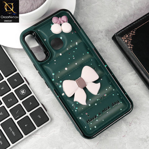 Infinix Hot 8 Lite Cover - Green -  New 3D Bow Soft Puffer Case With Metal Camera Ring