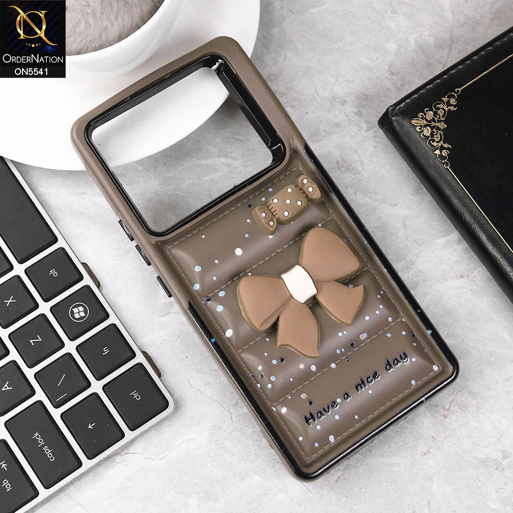 Infinix Note 40 Cover - Brown -  New 3D Bow Soft Puffer Case With Metal Camera Ring