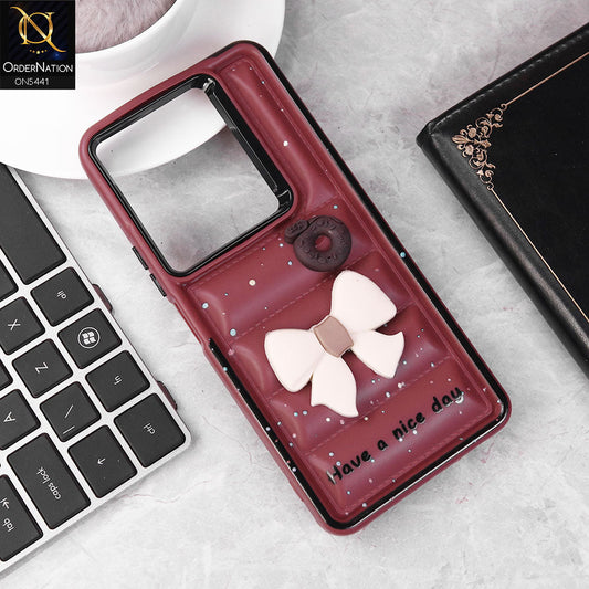 Infinix Note 30 Cover - Maroon -  New 3D Bow Soft Puffer Case With Metal Camera Ring