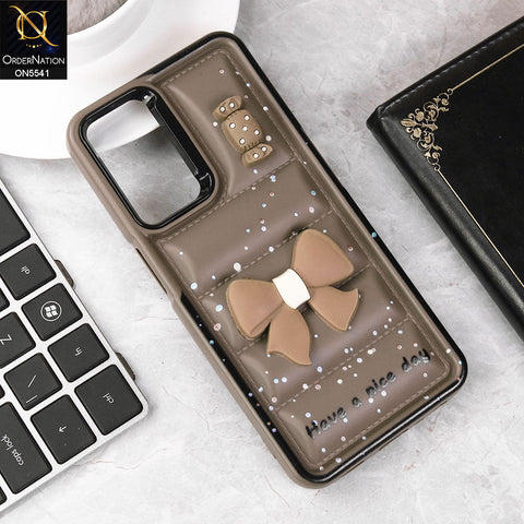 Oppo A54 4G Cover - Brown -  New 3D Bow Soft Puffer Case With Metal Camera Ring