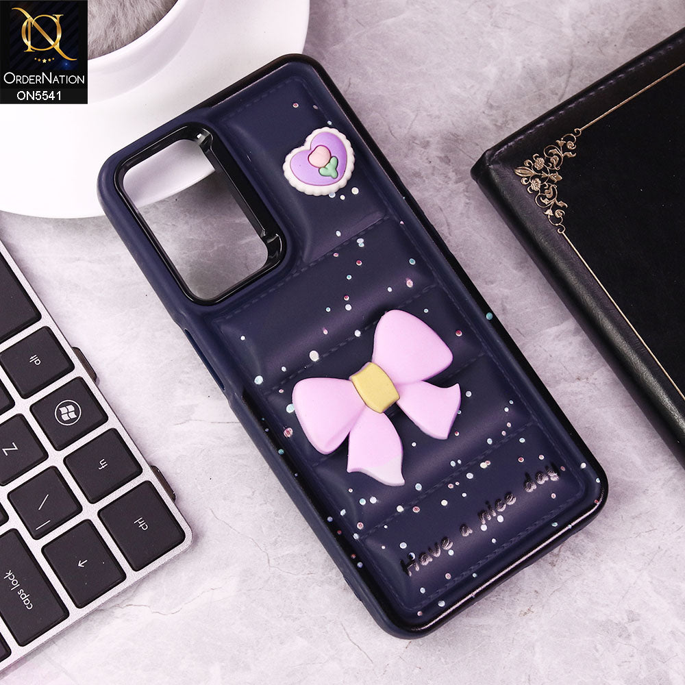 Oppo A54 4G Cover - Dark Blue -  New 3D Bow Soft Puffer Case With Metal Camera Ring