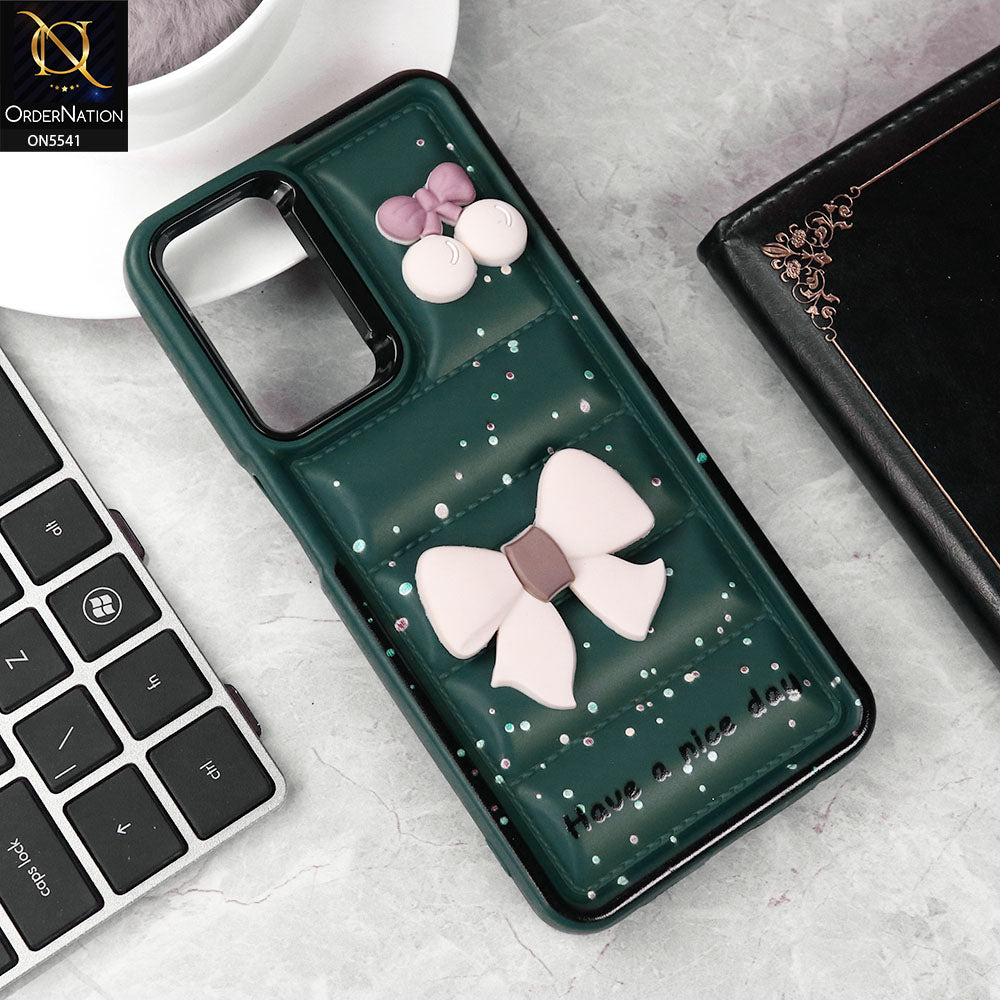 Oppo A54 4G Cover - Green - New 3D Bow Soft Puffer Case With Metal Camera Ring