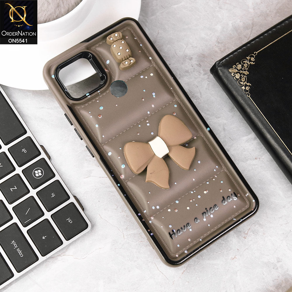Xiaomi Redmi 9C Cover - Brown -  New 3D Bow Soft Puffer Case With Metal Camera Ring