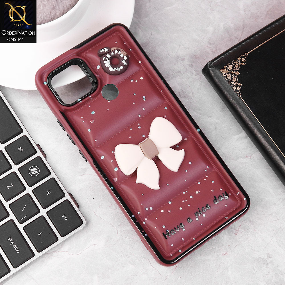 Xiaomi Redmi 10A Cover - Maroon -  New 3D Bow Soft Puffer Case With Metal Camera Ring