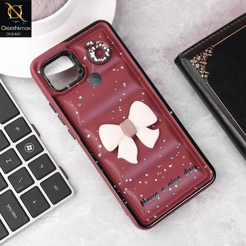 Xiaomi Redmi 10A Cover - Maroon -  New 3D Bow Soft Puffer Case With Metal Camera Ring