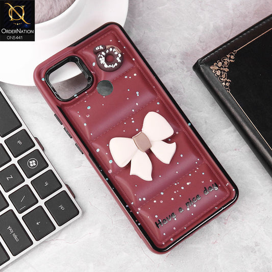 Xiaomi Redmi 9C Cover - Maroon -  New 3D Bow Soft Puffer Case With Metal Camera Ring