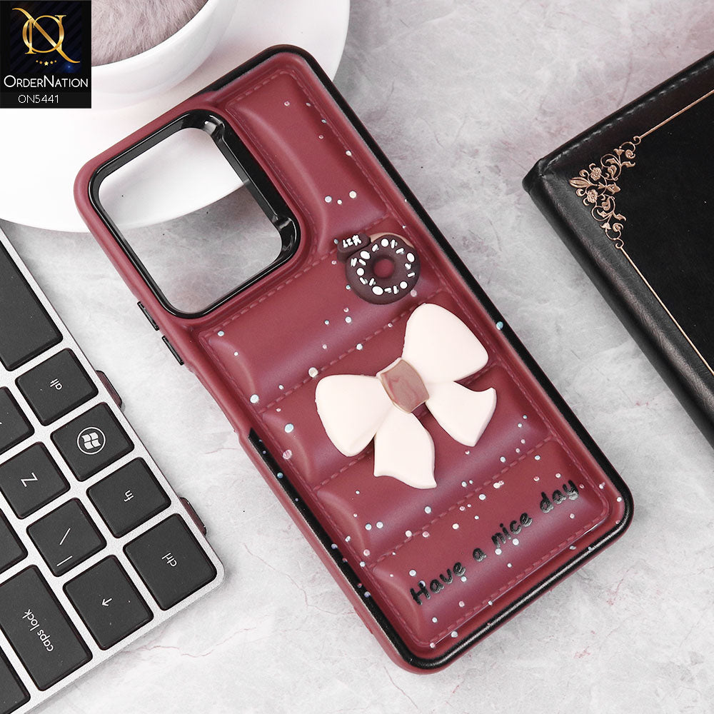 Xiaomi Redmi Note 12 4G Cover - Maroon -  New 3D Bow Soft Puffer Case With Metal Camera Ring