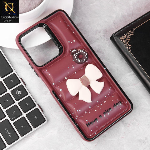 Xiaomi Redmi Note 12 4G Cover - Maroon -  New 3D Bow Soft Puffer Case With Metal Camera Ring