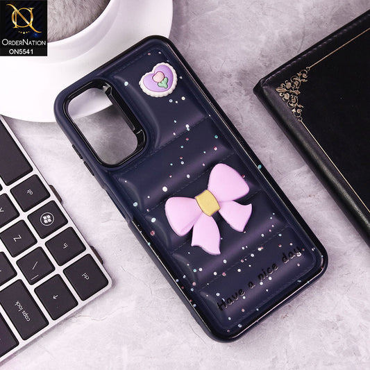 Samsung Galaxy A14 Cover - Dark Blue -  New 3D Bow Soft Puffer Case With Metal Camera Ring