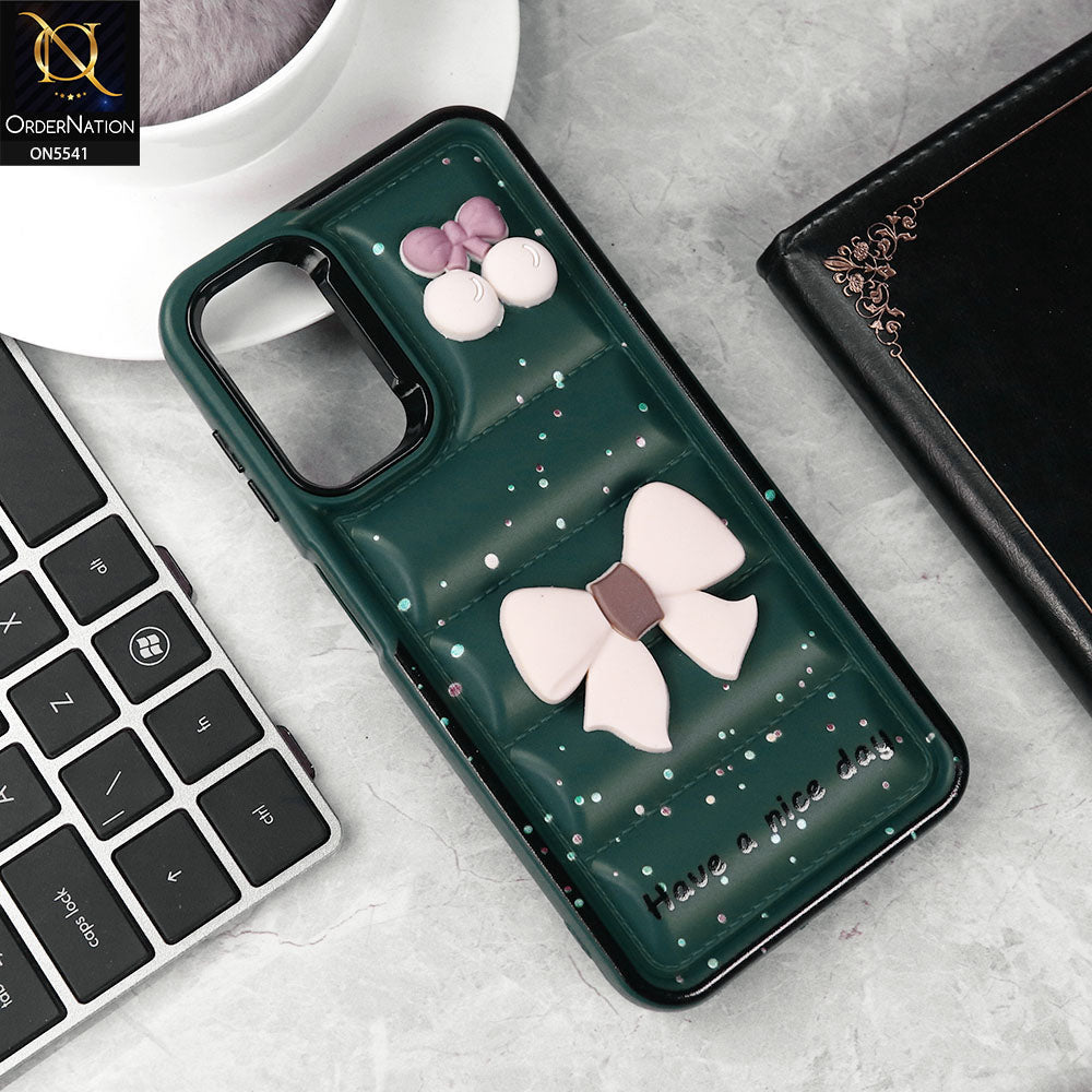 Samsung Galaxy A14 5G Cover - Green -  New 3D Bow Soft Puffer Case With Metal Camera Ring