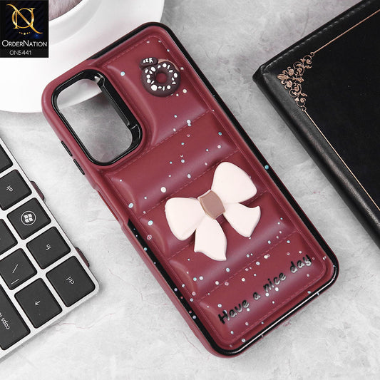 Samsung Galaxy A14 Cover - Maroon -  New 3D Bow Soft Puffer Case With Metal Camera Ring