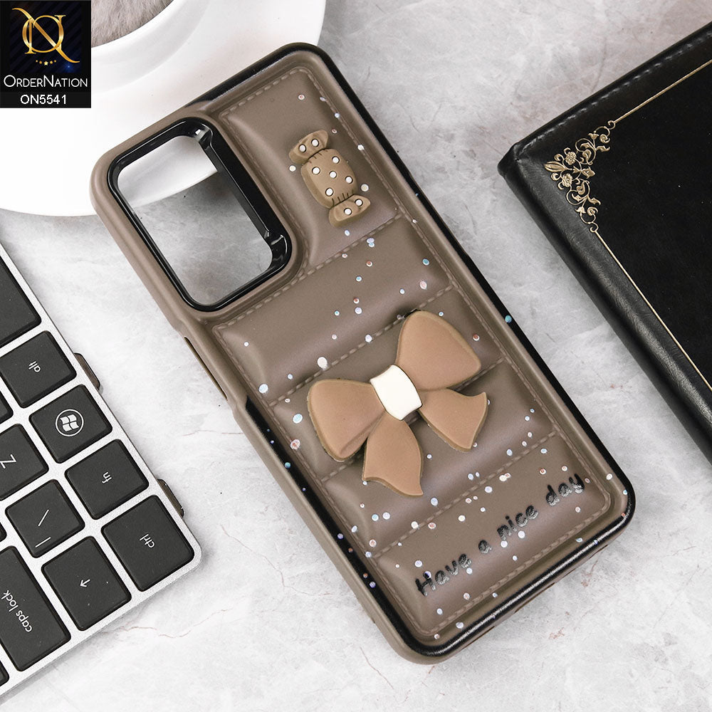 Samsung Galaxy A15 5G Cover - Brown -  New 3D Bow Soft Puffer Case With Metal Camera Ring