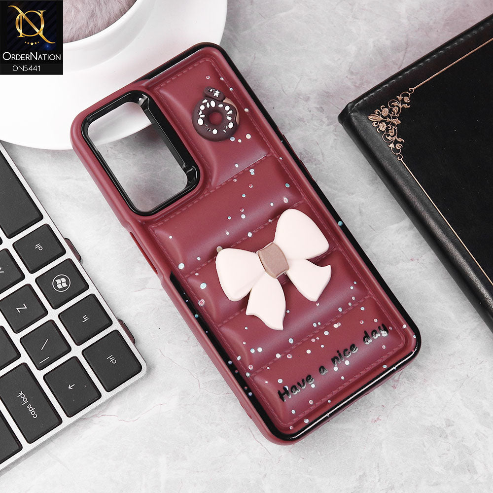 Samsung Galaxy A15 4G Cover - Maroon -  New 3D Bow Soft Puffer Case With Metal Camera Ring