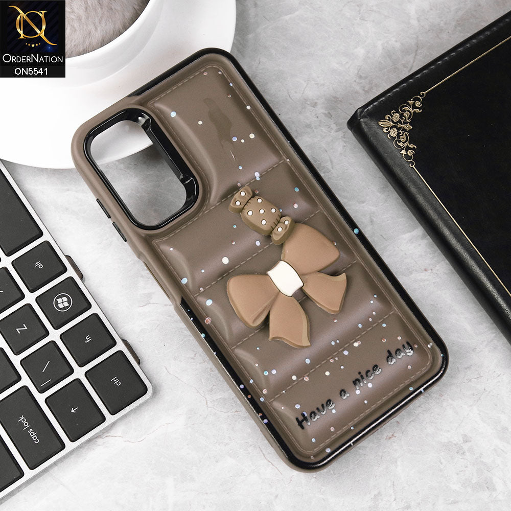 Samsung Galaxy A16 Cover - Brown -  New 3D Bow Soft Puffer Case With Metal Camera Ring