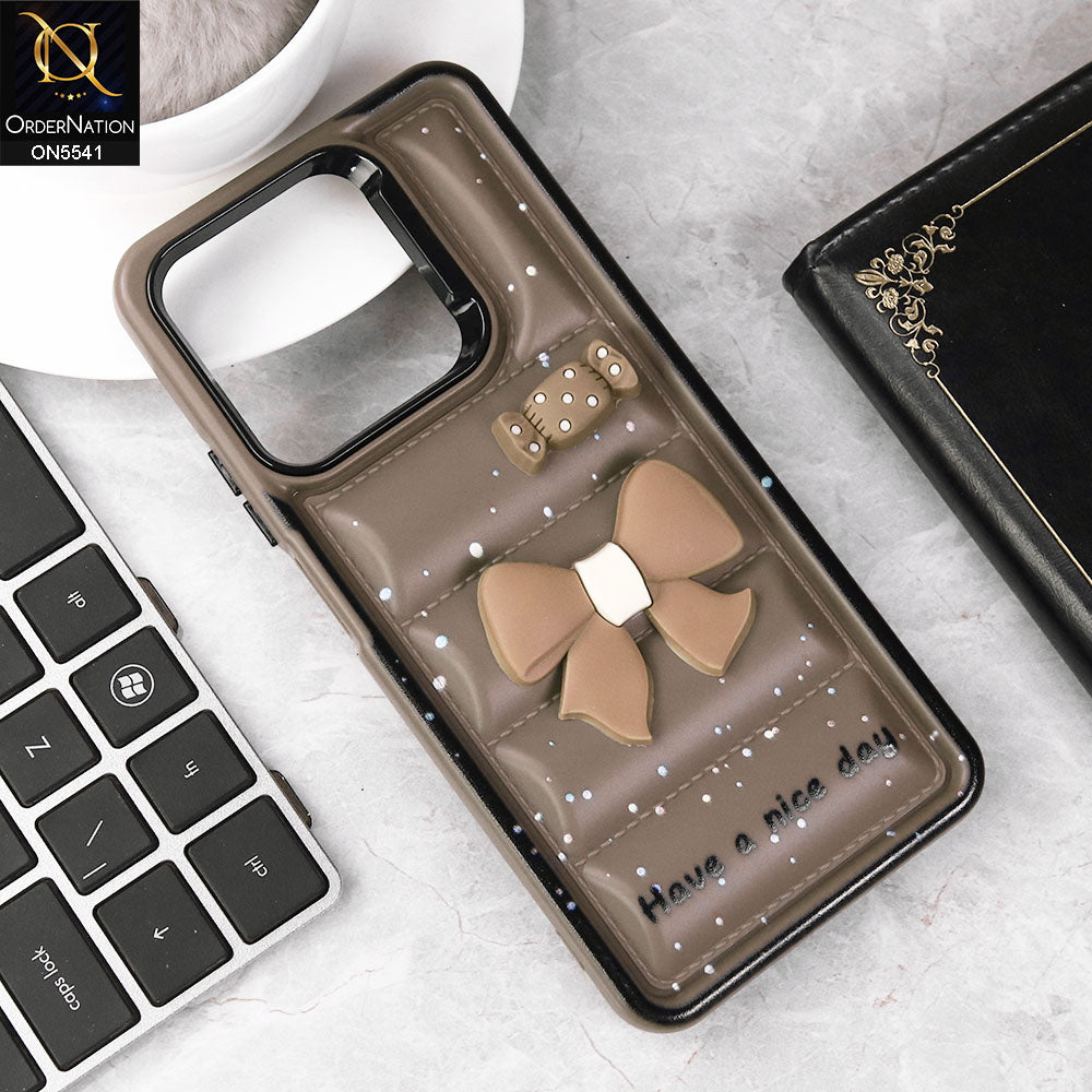 Vivo Y28 4G Cover - Brown -  New 3D Bow Soft Puffer Case With Metal Camera Ring