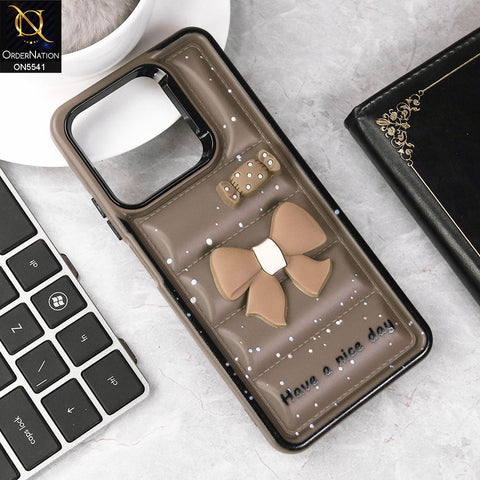 Vivo Y28 4G Cover - Brown -  New 3D Bow Soft Puffer Case With Metal Camera Ring