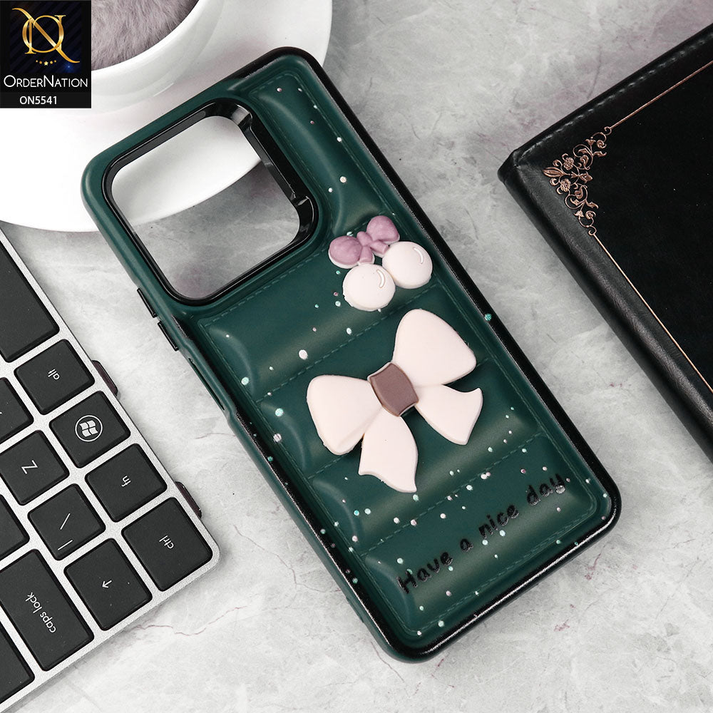 Vivo Y28 4G Cover - Green -  New 3D Bow Soft Puffer Case With Metal Camera Ring