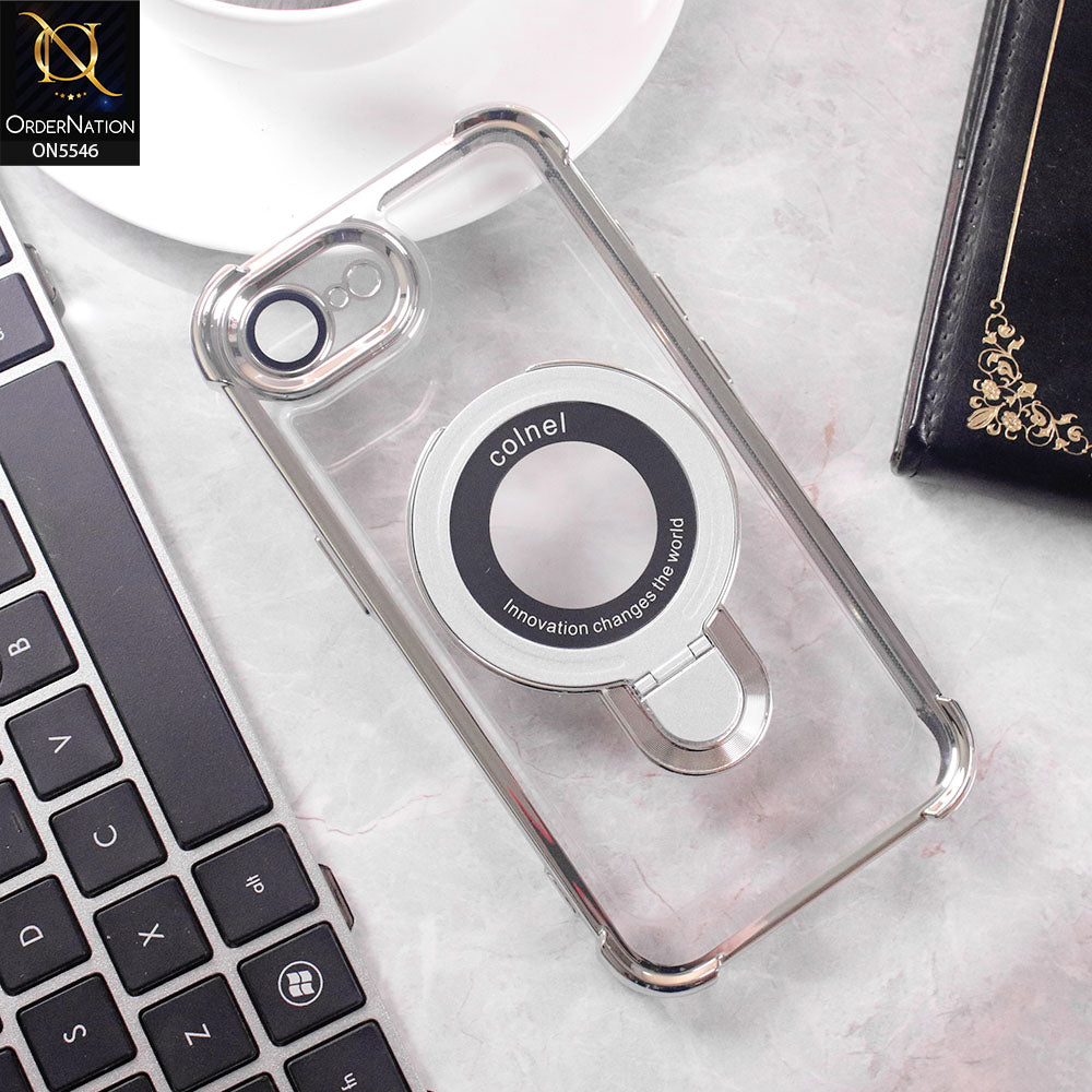iPhone 16e Cover - Silver -  New Premium  Soft Bordered Case With Metal Kick stand And Camera protection