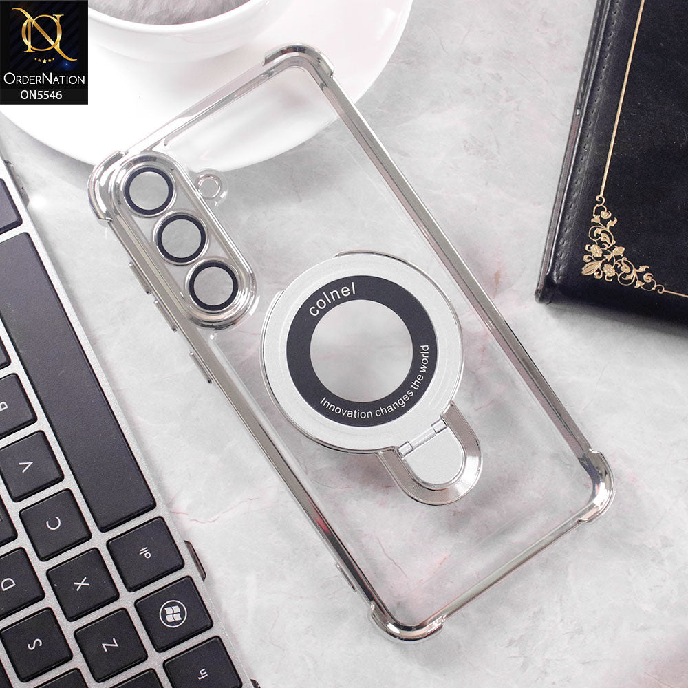 Samsung Galaxy S25 FE Cover - Silver -  New Premium  Soft Bordered Case With Metal Kick stand And Camera protection