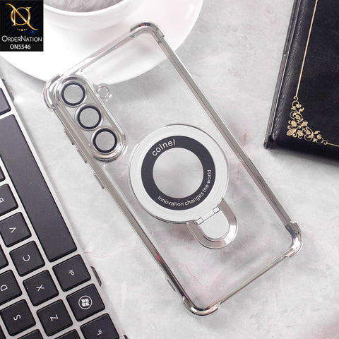 Samsung Galaxy S25 FE Cover - Silver -  New Premium  Soft Bordered Case With Metal Kick stand And Camera protection