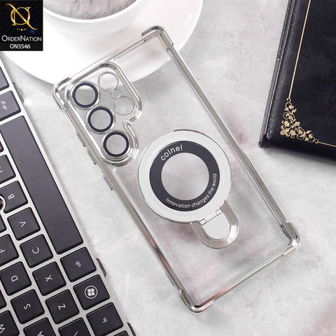 Samsung Galaxy S25 Ultra Cover - Silver -  New Premium  Soft Bordered Case With Metal Kick stand And Camera protection